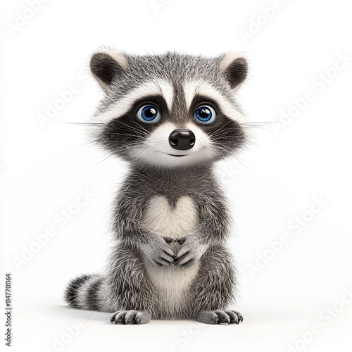 Cute 3D render of raccoon with big blue eyes, fluffy fur, and playful expression. This adorable animal stands on white background, perfect for children themes photo