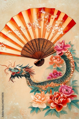 Vibrant asian dragon with peonies and fans on a traditional background photo