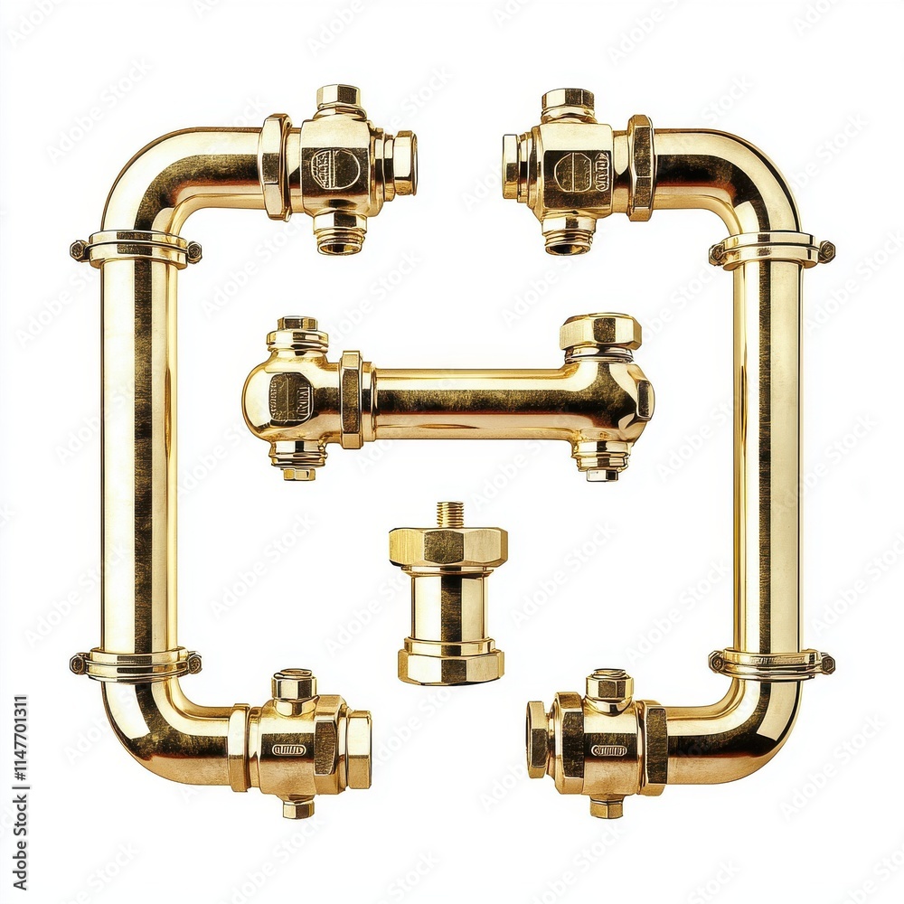 A set of shiny brass plumbing pipes arranged in a geometric pattern, showcasing intricate connectors and joints. A set of shiny brass plumbing pipes arranged in a geometric pattern, showcasing intricate connectors and joints.