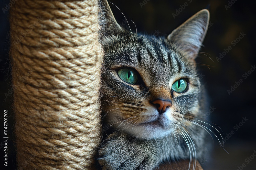 Close-up of a tabby cat with striking green eyes, resting near a sisal scratching post. Perfect for pet websites, blogs, or any project needing a cute feline image. Close-up of a tabby cat with striking green eyes, resting near a sisal scratching post. Perfect for pet websites, blogs, or any project needing a cute feline image.