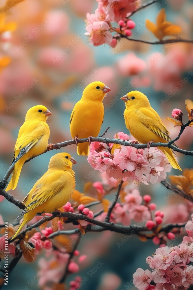 Fototapeta premium Yellow birds on tree branch