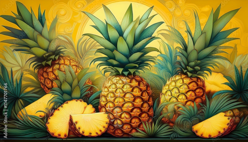 Fototapeta premium pineapple background. Top view of yellow bright background completely filled with pineapples
