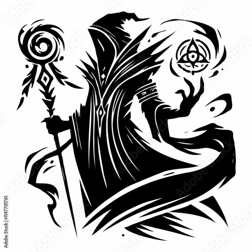 Hooded Wizard Silhouette with Magical Staff