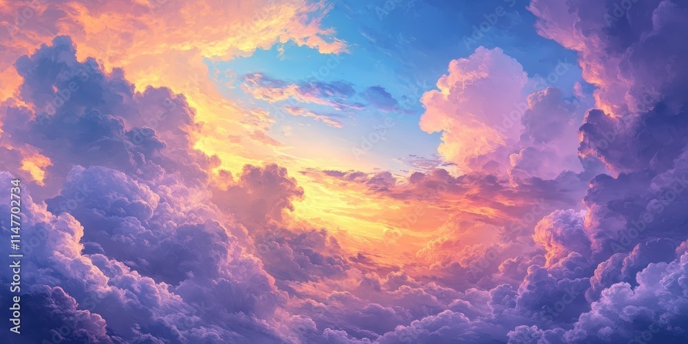 Stunning evening sky filled with beautiful clouds creates a mesmerizing atmosphere. The beautiful sky transforms as the day ends, showcasing vibrant hues among the clouds of the evening.