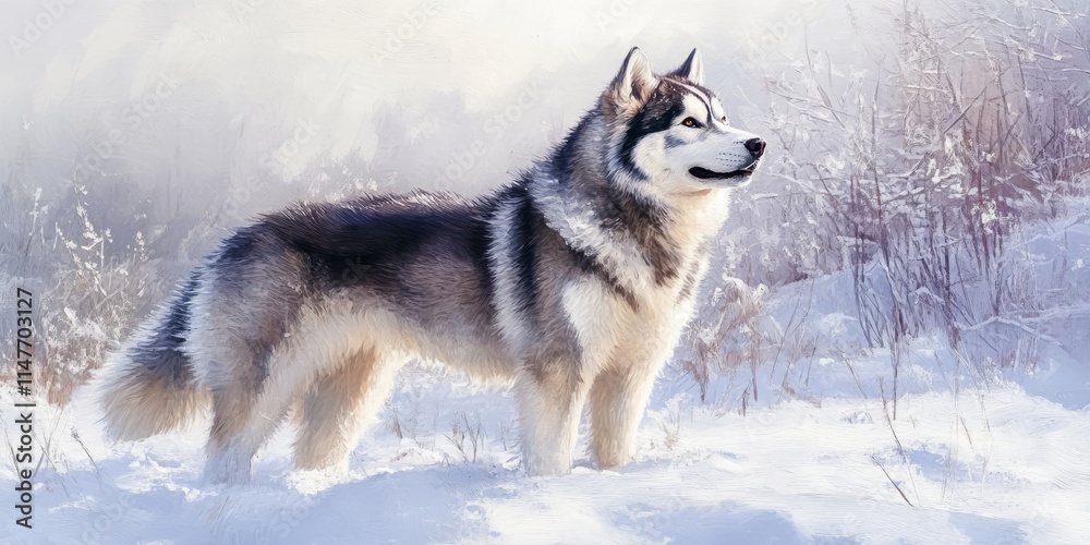 Portrait of a dog in the snow showcasing an Alaskan Malamute. This stunning Alaskan Malamute stands proudly in a snowy landscape, highlighting the beauty of this majestic dog breed. Portrait of a dog in the snow showcasing an Alaskan Malamute. This stunning Alaskan Malamute stands proudly in a snowy landscape, highlighting the beauty of this majestic dog breed.