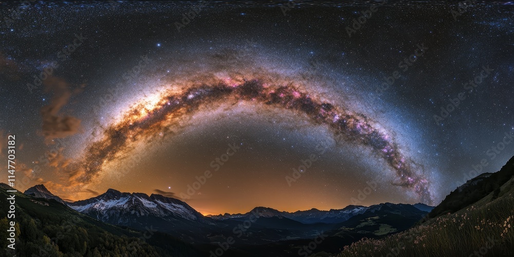 Fototapeta premium The Milky Way Galaxy illuminates the night sky, showcasing its stunning beauty and vastness. The Milky Way Galaxy captivates viewers with its mesmerizing stars and cosmic wonders.