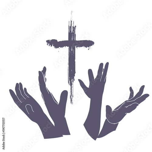 Human hands reaching out to the Christian cross, almost touching. Help, religion and love concept. Cross icon between hands