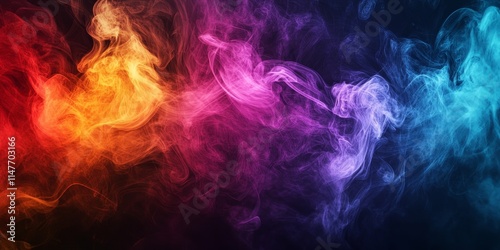 Abstract art featuring colored smoke on a dark background enhances your design project with transparent creativity. This vibrant abstract art of multicolored smoke creates a dynamic visual impact.