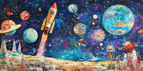 First journey into space captured through mixed media, showcasing the excitement and wonder of space exploration in this vibrant and imaginative artwork depicting the essence of a space adventure.