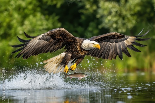 Majestic bald eagle catching fish. Illustrates wildlife, nature, and hunting. photo