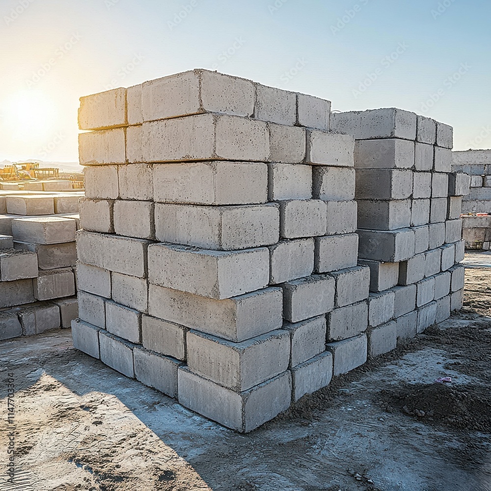 Stacks of gray concrete blocks silhouetted against the sunset, showcasing a construction site in warm golden hues. Stacks of gray concrete blocks silhouetted against the sunset, showcasing a construction site in warm golden hues.