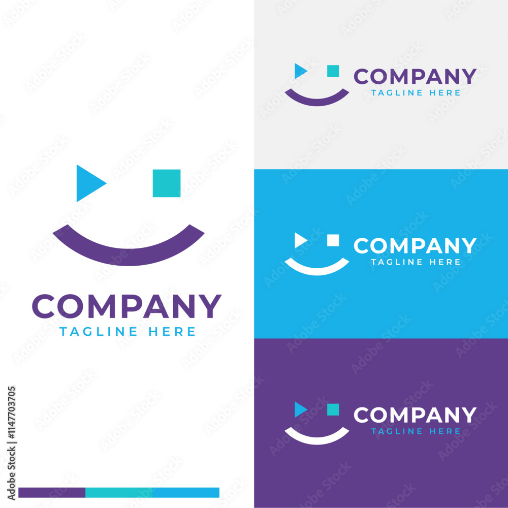 Simple smile head with play and stop or pause buttons logo symbol icon flat stock vector design Simple smile head with play and stop or pause buttons logo symbol icon flat stock vector design