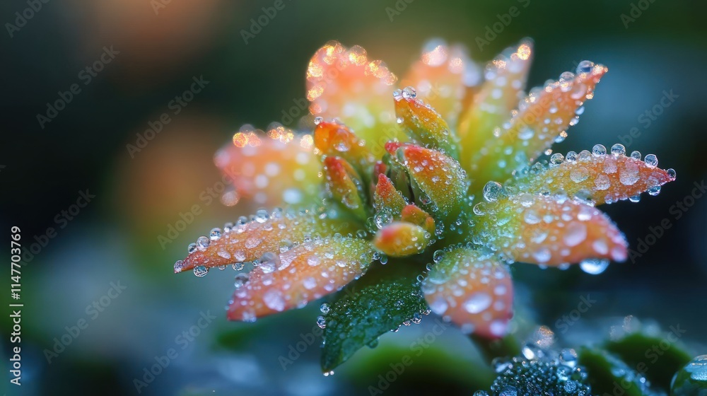 Fototapeta premium Dew-covered succulent, vibrant colors, close-up.