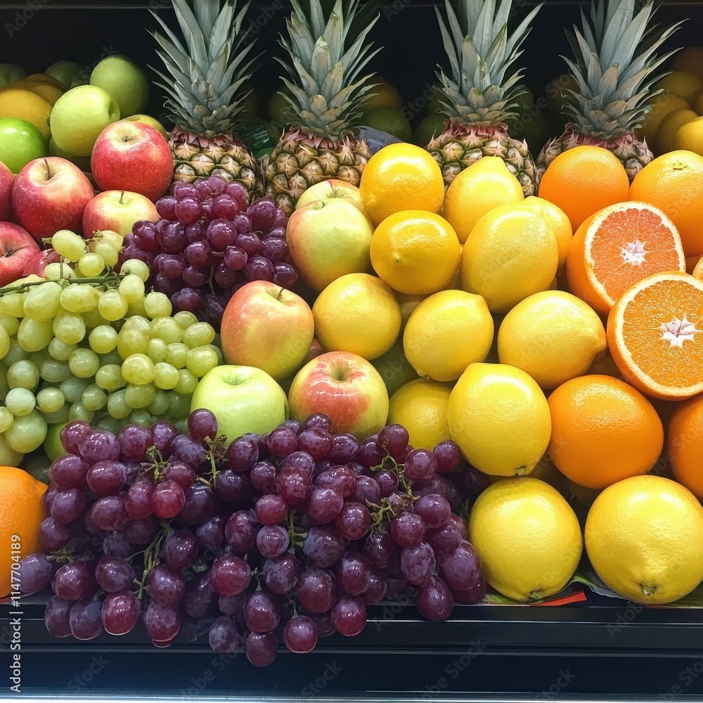 A vibrant display of fresh fruits, including apples, grapes, pineapples, lemons, and oranges, showcasing a colorful assortment. A vibrant display of fresh fruits, including apples, grapes, pineapples, lemons, and oranges, showcasing a colorful assortment.