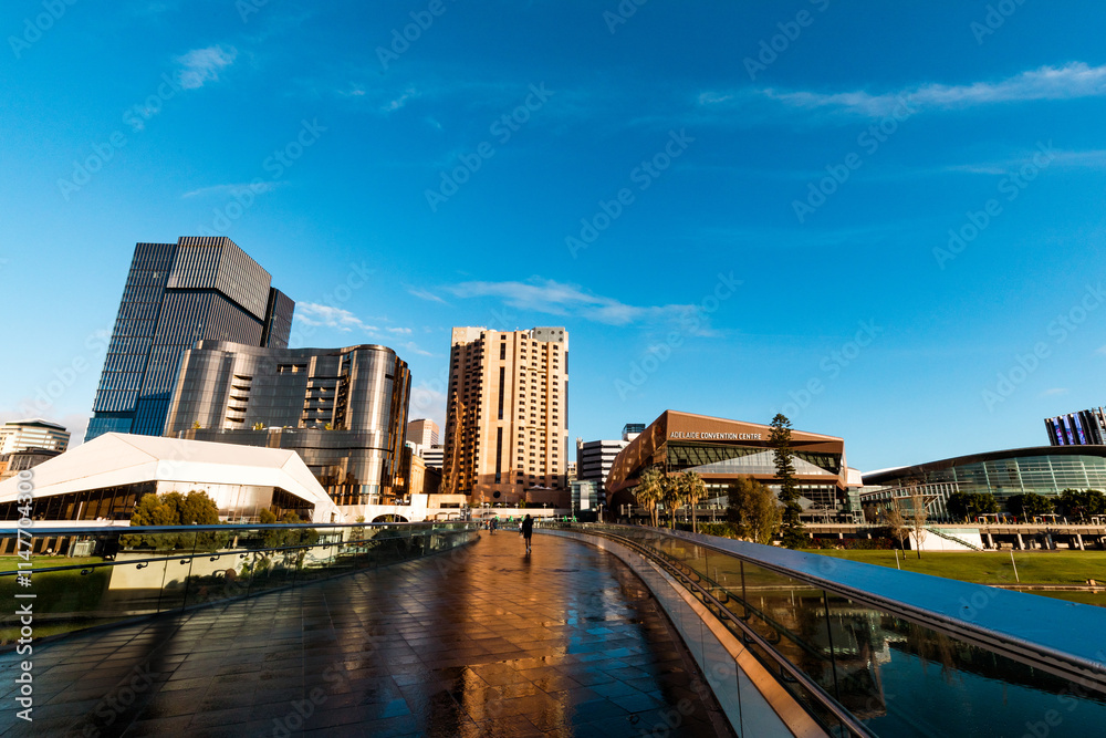 The Adelaide Riverbank Precinct Bridge crossing the River Torrens towards the City The Adelaide Riverbank Precinct Bridge crossing the River Torrens towards the City