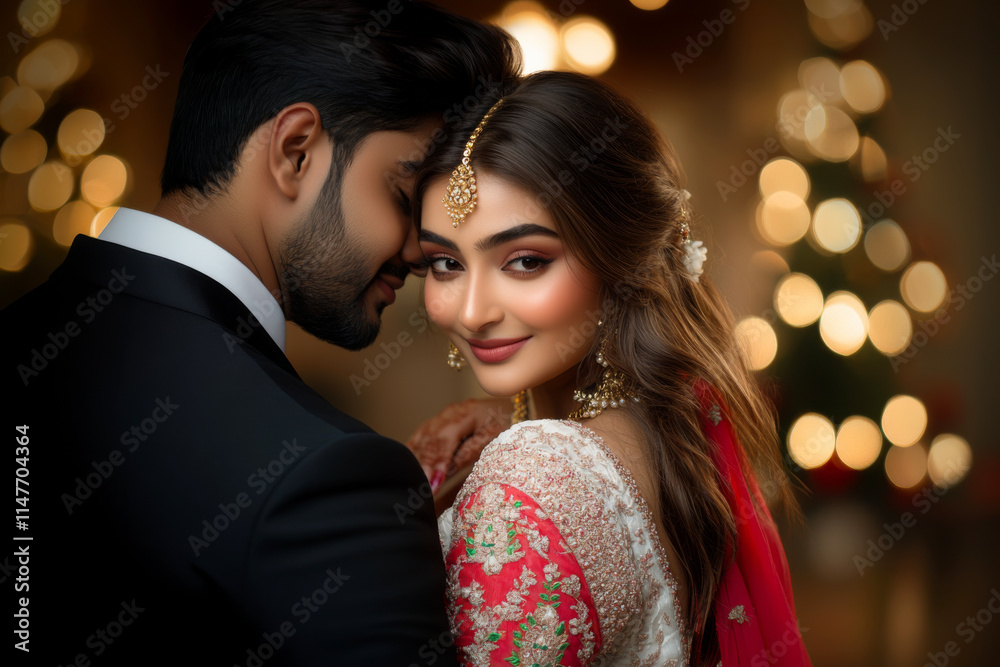 Portrait of a beautiful Indian ethnic young woman with a smiling face hugs her husband in a festive background Portrait of a beautiful Indian ethnic young woman with a smiling face hugs her husband in a festive background