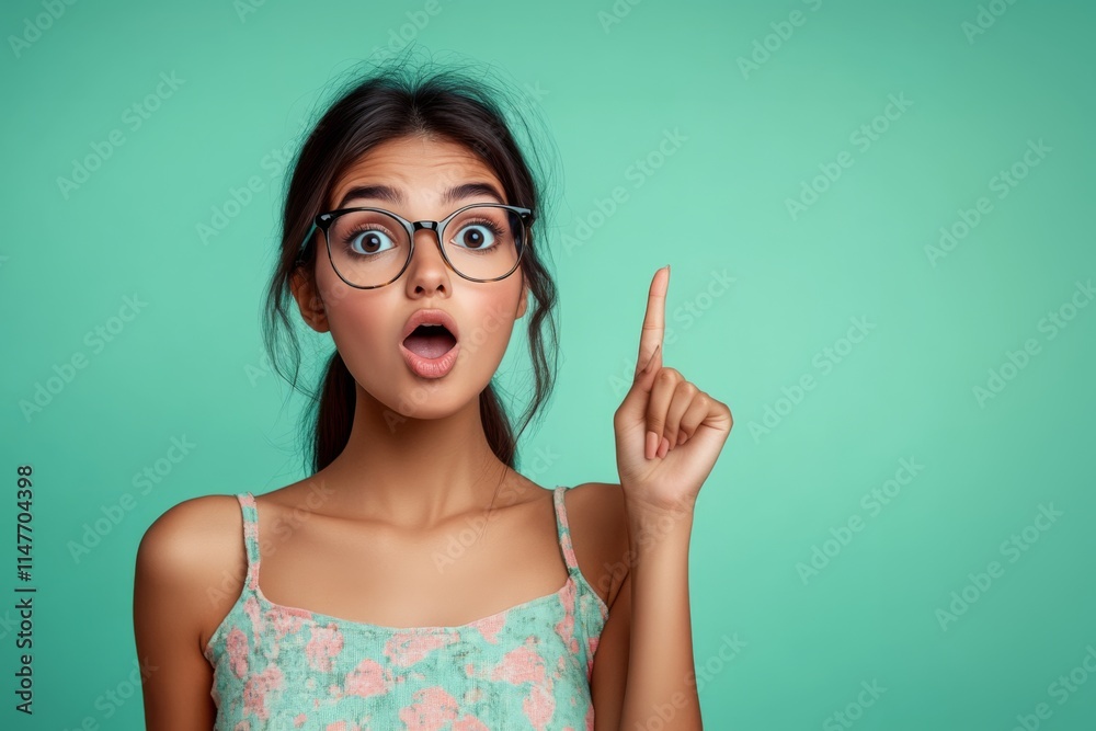 Portrait of a young Indian female with a surprised face pointing with her finger Portrait of a young Indian female with a surprised face pointing with her finger