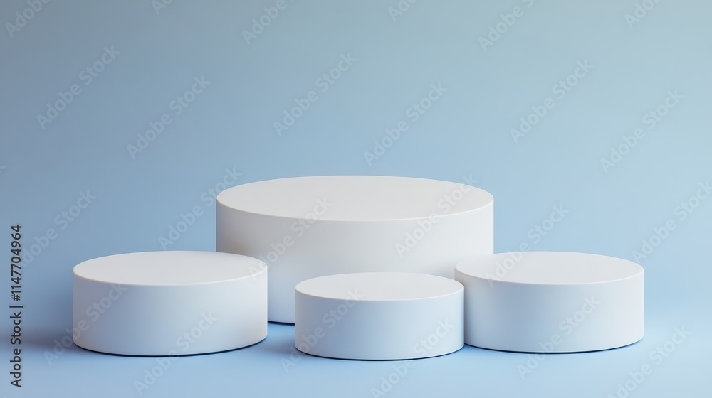 White Cylindrical Platforms On Light Blue Background White Cylindrical Platforms On Light Blue Background