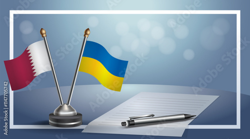 Qatar and Ukraine National flags on small table with bokeh background, cooperative relationship