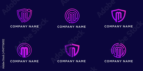 Set bundle letters M with shield and circle tech logo design