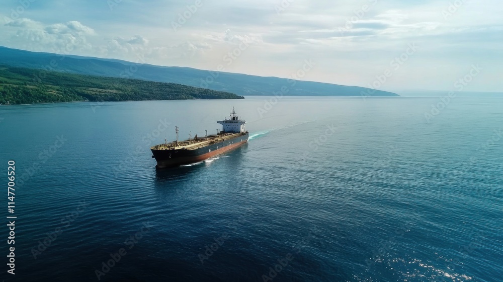 Cargo Ship Sailing Calm Ocean Coastal Mountains Cargo Ship Sailing Calm Ocean Coastal Mountains
