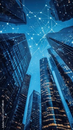 Skyscrapers Connected by Network at Night