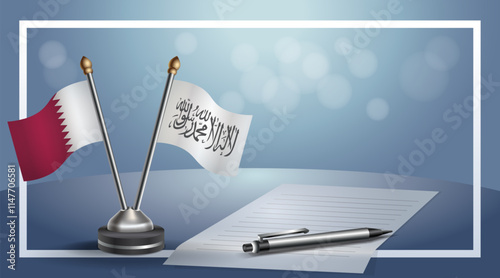 Qatar and Afghanistan National flags on small table with bokeh background, cooperative relationship