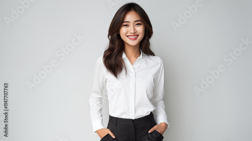 business woman wearing white blank shirt, white background