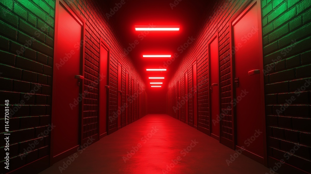 Fototapeta premium A dimly lit corridor featuring red lighting and closed doors, creating a mysterious and eerie atmosphere. Perfect for thriller and horror themes.