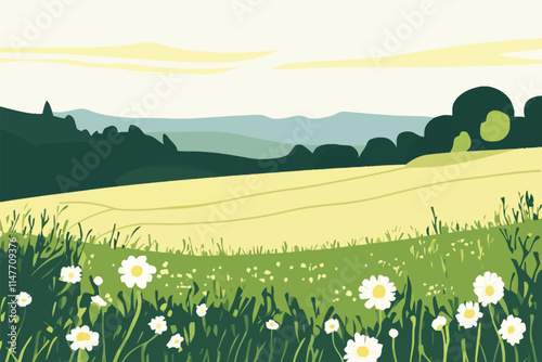 Serene Landscape with Green Grass and Clear Blue Sky