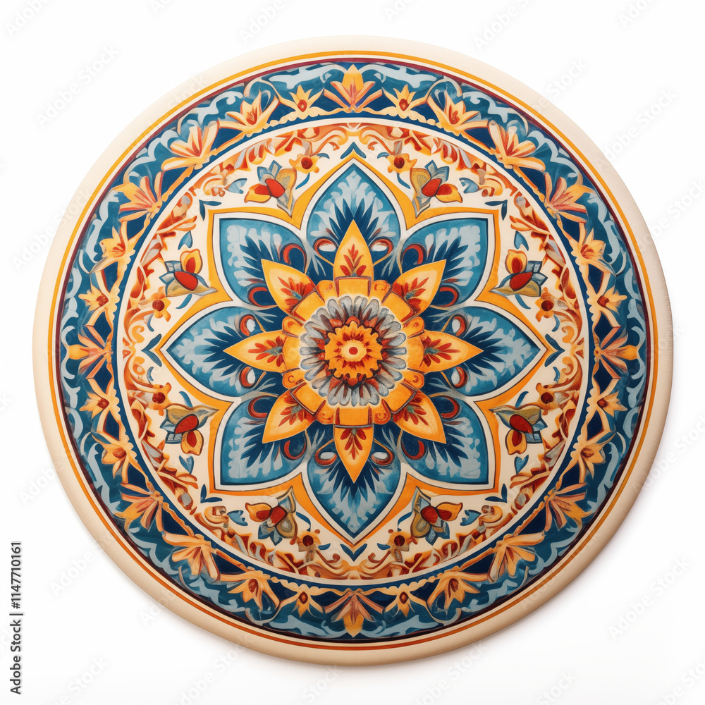 Round Decorative Plate Mandala Design Blue Yellow Orange Floral Pattern Round Decorative Plate Mandala Design Blue Yellow Orange Floral Pattern