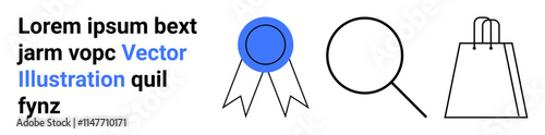 Ribbon, magnifying glass, and shopping bag icons next to sample text in black and blue. Ideal for marketing, certification, search, shopping, online store e-commerce digital content. Landing page