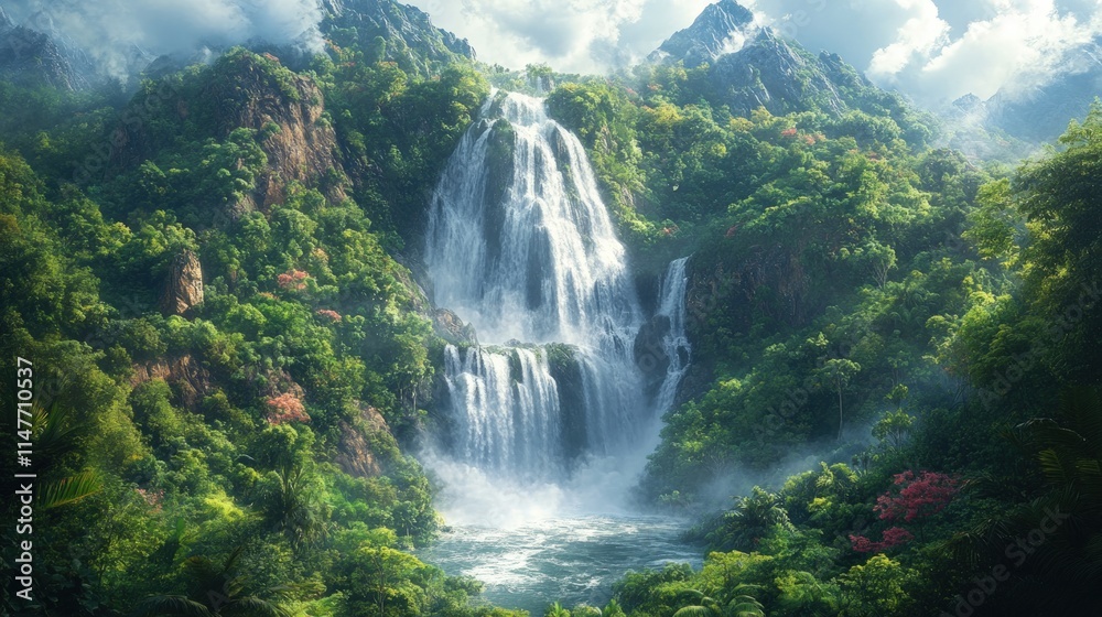 Lush jungle waterfall cascades down mountains. Lush jungle waterfall cascades down mountains.