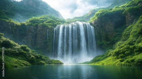 Serene waterfall cascades into lush green valley.