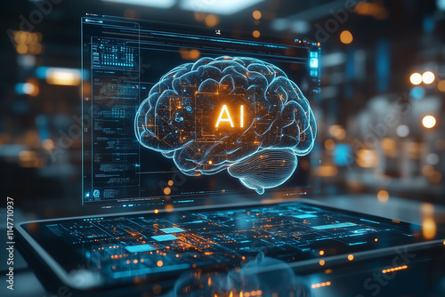 Futuristic AI Brain Hovering Over Tablet