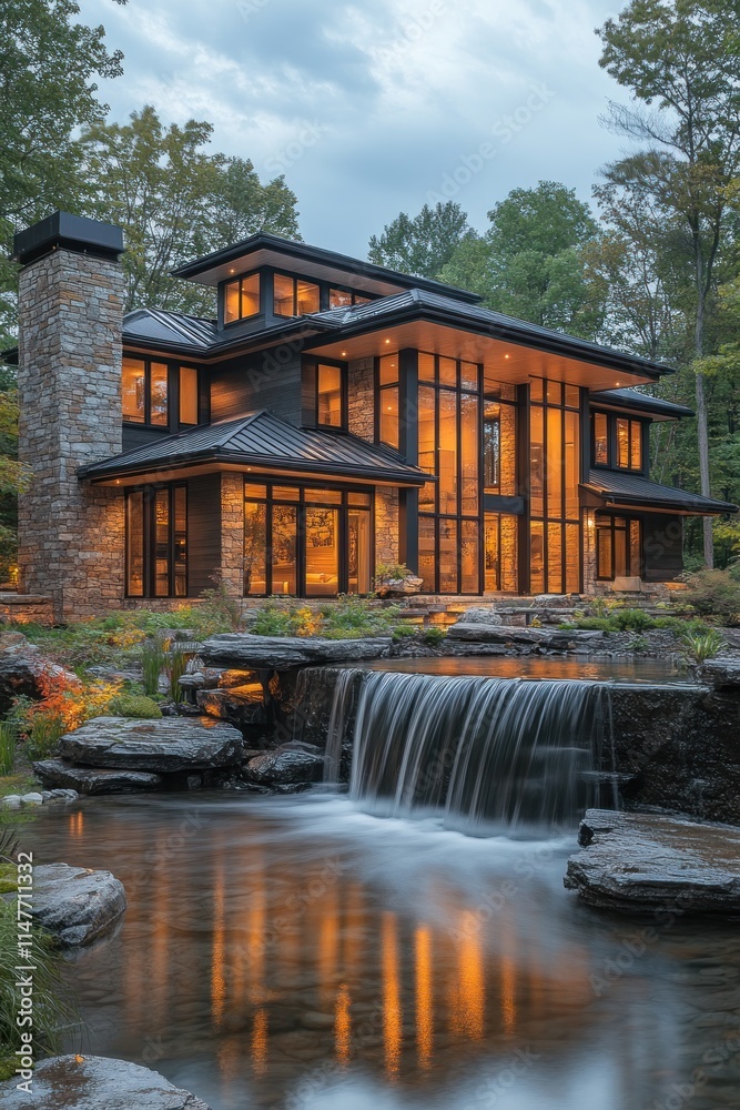 Fototapeta premium Modern house with waterfall at dusk. (1)