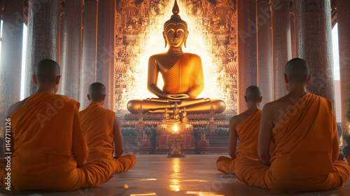 Makha Bucha Banner composition featuring orange robed Buddhist monks in an open temple, large Buddha statue in the background with soft light effects, Ai generated images