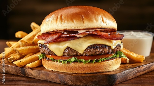 Gourmet Burger with Fries on Wooden Board
