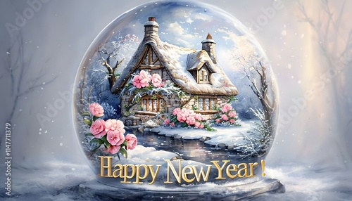 A serene New Year greeting card featuring a cozy stone cottage with a thatched roof, surrounded by winter blooms like red camellias and frosty ferns. A nearby creek reflects the twilight sky.