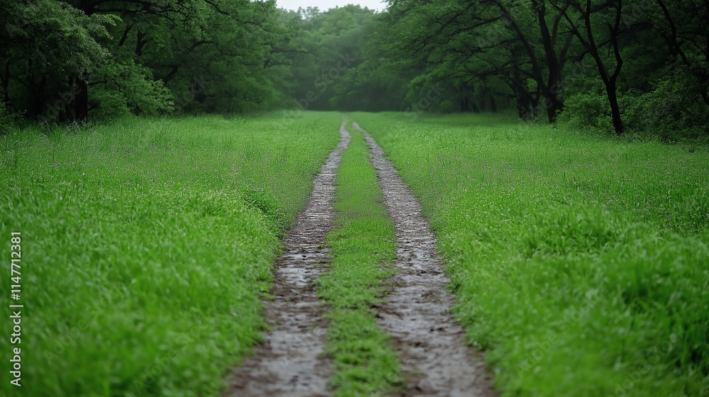 Fototapeta premium A serene muddy path winds through a lush, green field surrounded by trees, inviting a peaceful exploration of nature's beauty after the rain.