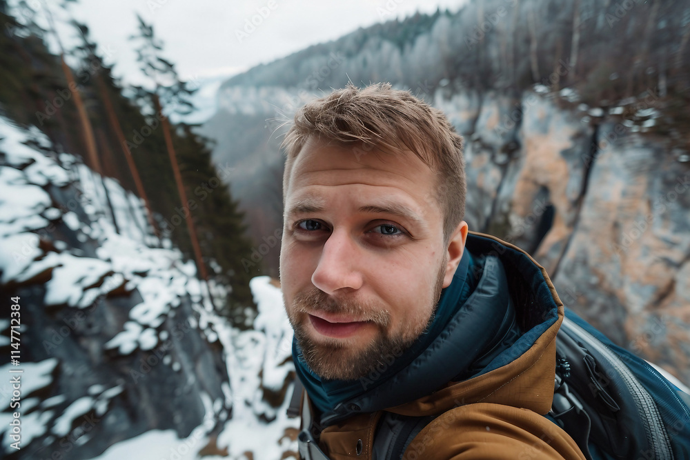 Handsome young man taking selfie portrait on vacation generative AI Handsome young man taking selfie portrait on vacation generative AI