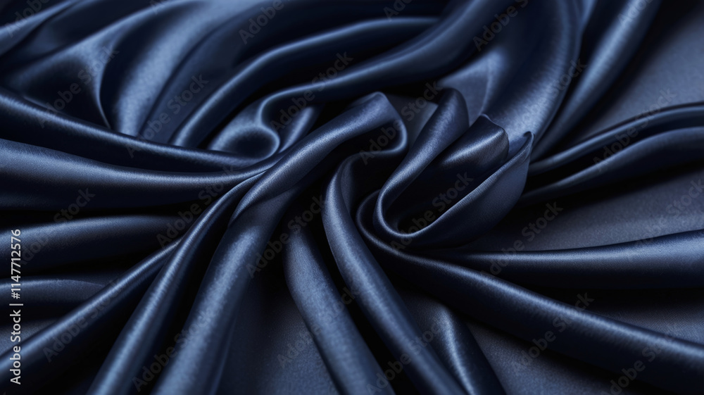 Fototapeta premium Rich blue satin fabric with graceful folds and a radiant sheen for design and artistic uses. This background captures the elegance and sophistication of silky material, suited for creative concepts