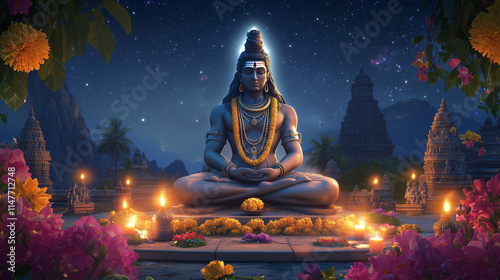 Maha Shivaratri Banner, majestic statue of Lord Shiva with shining trishula in the center background, decorated with jasmine and marigold flowers, Ai generated images