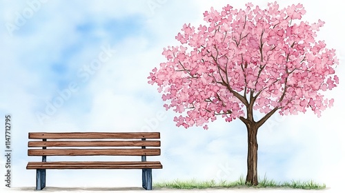 Rustic Wooden Bench with Pink Flowering Tree Illustration