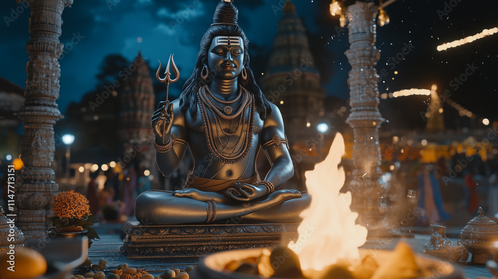 Maha Shivaratri, focus on the majestic statue of Lord Shiva with trishula in hand, surrounded by pilgrims bringing offerings like fruits and flowers, Ai generated images Maha Shivaratri, focus on the majestic statue of Lord Shiva with trishula in hand, surrounded by pilgrims bringing offerings like fruits and flowers, Ai generated images