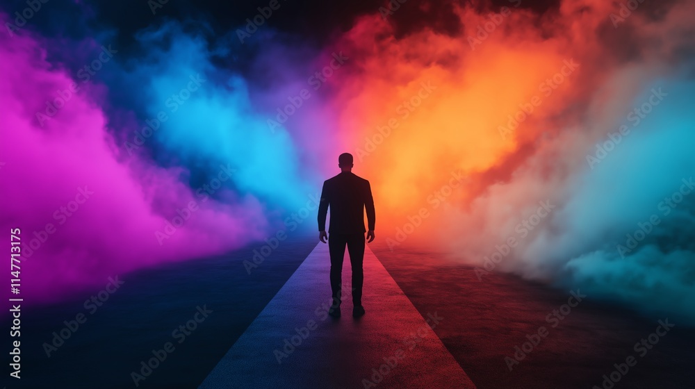 A silhouette of a person standing alone on a pathway illuminated by colorful mist, symbolizing introspection and the journey through emotions. A silhouette of a person standing alone on a pathway illuminated by colorful mist, symbolizing introspection and the journey through emotions.
