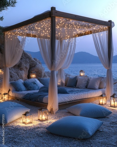 Romantic beach gazebo with lights, pillows, and cushions at sunset.