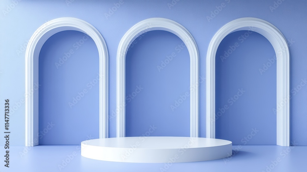 Minimalist White Platform Against Blue Wall With Arches