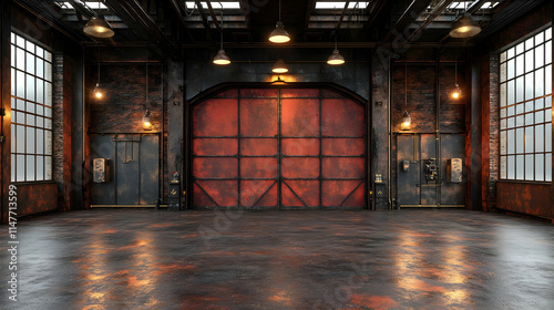 Industrial Interior 3D Render with Large Rusty Metal Door