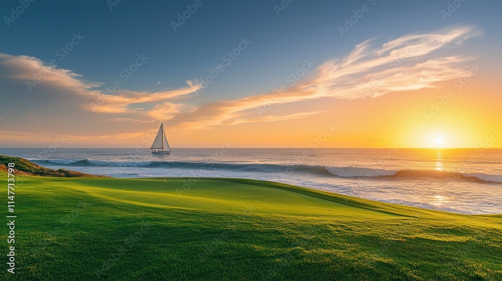 Obraz premium Sunset Sailboat Ocean Golf Course Landscape Peaceful Coastal Scene